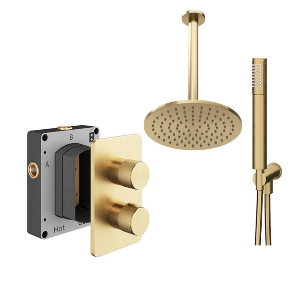 Product cut out image of the Abacus Iso Brushed Brass Anthracite 2 Outlet Shower Pack with Ceiling Head & Handset